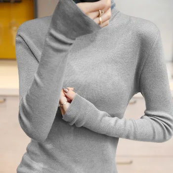 Rudens un ziemas jauno garām piedurknēm adīts tops sieviešu tīrtoņa krāsu trikotāžas bāzē džemperis 2020
