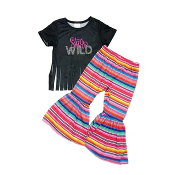 Boutique bērniem, apģērbs meitene modes burtiem iespiests top ar pušķis mača svītrainām bell bikses 2020. gada vasaras apģērbs