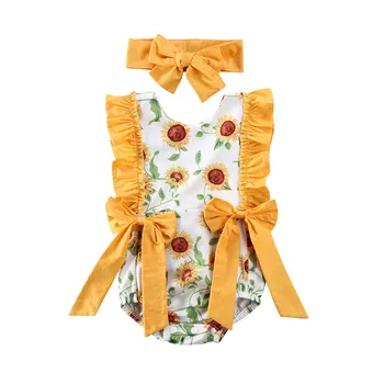 Bērnu Bodysuit Jaundzimušajiem Bērniem, Baby Meitene Ziedu Piedurknēm Bodysuit Jumpsuit Galvu 2gab Apģērbs-Drēbes 0-24M