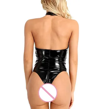 Seksīga Erotiskā Crotchless Lateksa Catsuit Fishnet Apģērbu Atvērt Kājstarpes Jumpsuit Lakādas Krūts Pakļaujot Bodysuit Apakšveļa