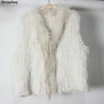 Harppihop*Bezmaksas piegāde womens dabas īstu trušu kažokādas veste ar jenots kažokādas apkakle vestes/jakas trušu trikotāžas-adītus ziemas