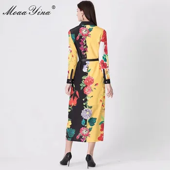 MoaaYina Modes Dizainera kleita Pavasara Sieviešu Kleita ar garām piedurknēm Floral-Print Jostas 5XL Plus lieluma Kleitas