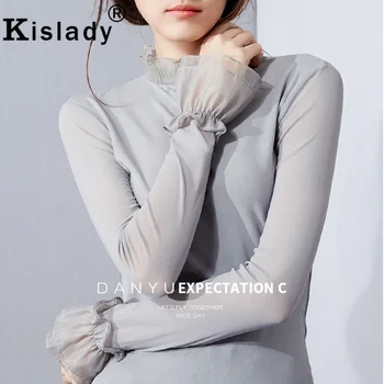 Kislady 2020. gadam Pavasara Vasaras Sieviešu Savirmot Caurspīdīgs Tops ar garām Piedurknēm Blūze Boho korejiešu Stilā Sexy Sweet OLA Blusas Plus Izmēri