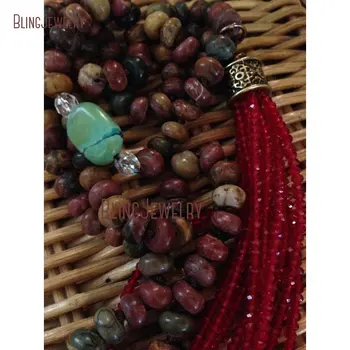 Boho šiks Mezgls Nogulumu Akmens Rondelle pērles Kaklarota ar Sarkanām Pērlītēm Pušķis NM20661
