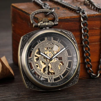 Vintage Mehāniskās Kabatas pulkstenis, Vīriešu Rokas Vēja Pulkstenis Retro Stila Romiešu Cipariem Dial Pārredzamu Bronzas Fob Puses Skatīties Vīriešu Dāvanu