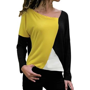 T Krekls Sievietēm Gadījuma Raibs Krāsu Bloku O-veida Kakla garām Piedurknēm T-Krekls rudens sieviešu apģērbu piliens kuģis
