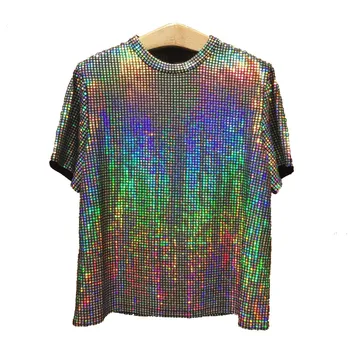 Modes O-veida Kakla Atstarojošs Lāzera Sequined Metāla Krāsu Gadījuma T-krekls Varavīksnes Krāsu t-veida Gropi Īsām Piedurknēm Gothic Crop Topi