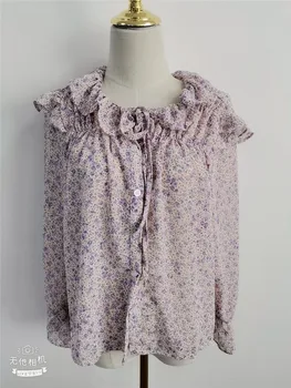 Sieviešu blūze, krekls korejas vintage stila mežģīņu apkakle drukāt blūze izlīdzināšanu piedurknēm blusas šifona topi 2020