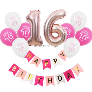 Saldie 16 dzimšanas dienu baneri 16. dzimšanas dienas svinības rotājumi sweet 16 iespiesti balonu skaits 16 ballon komplekti meitene dzimšanas dienu bumbiņas