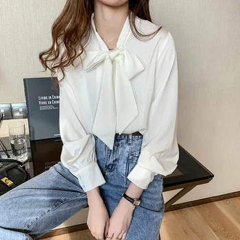 Satīna Priekšgala Šifona Blūze Sievietēm Ir 2021. Pavasara Modes Korejas Topi Brīvs Krekls Ar Garām Piedurknēm Baltā Zilā Birojs Dāmu Apģērbu 10691