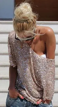 Sieviešu Blūzes Jaunas Ielidošanas Modes 2017. Gada Pavasarī Sexy Stilu Off Būtu garām Piedurknēm Sequin Spīdīgu Dāmas Krekls Zelta blūze Top Oficiālu