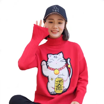 Jaunajā 2020. gada pavasara sievietes, dāmas Japāņu MaNeKiNeKo izšuvumi luckey kaķis augstu uzrullētu apkakli trikotāžas džemperis korejas pull zaudēt krekli