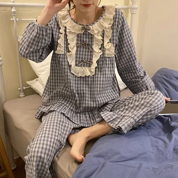 Princese Stils Sievietēm Pijamas Vintage Loku Gudrs Pleds Sleepwear Uzstādīt O-veida kakla garām Piedurknēm Topi+Bikses Žakarda Lolita Homewear S928
