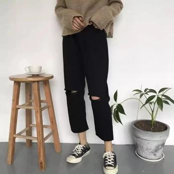 Džinsi Sieviešu Pavasara Vasaras Moderns Vienkārši korejiešu Stilā Visu maču Cietā Caurumu Mīksta Augsta Vidukļa Streetwear Sieviešu Bikses Gadījuma Šiks