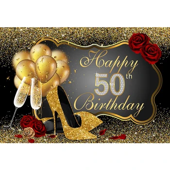 Laimīgs 50. Dzimšanas dienas svinības Fona Iespiests Zelta Baloni augstpapēžu kurpes Šampanieša Konfeti Sarkanas Rozes Pielāgotus Foto Stends Fona