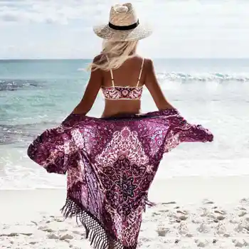 Sieviešu Šifona Uz Augšu, Kimono Beach Jaciņa Bikini, Vasaras Puķu Drukā Ilgi, Sieviešu Wrap Beachwear Gara Kleita