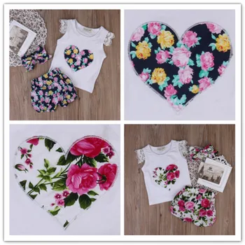 Toddler Bērniem, Bērnu, Meiteņu Apģērbs, Apģērbu Ziedu Drukāt Savirmot Piedurknēm T-krekls Topi+Bikses/Šorti/+ Galvassega Set 3PCS
