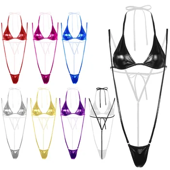 Sieviešu Erotiskā Spīdīga Metāla Mini Mikro Bikini Bodycon Apakšveļa Wetlook Bodystocking T-Atpakaļ stringi Baby Lelle Nakts Clubwear