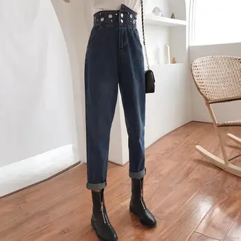 Augsta Vidukļa Modes Kokvilnas Harēma Džinsi Sieviešu 2020. Gada Rudenī Gadījuma Frēzēšana Vintage Džinsa Bikses Slim Sievietēm