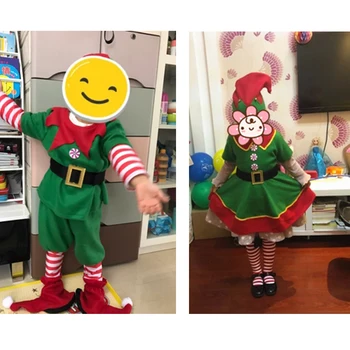 Zaļā Ziemassvētku Elf Kostīmi Pieaugušo Santa Claus Cosplay Ģimenes Atbilstošas Drēbes, Bērnu Karnevāla Kleita Meitenēm Jauno Gadu Apģērbs, Cepure