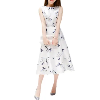 Jaunas Vasaras Elegants Ziedu Drukāt Augstā Vidukļa Vintage Bez Piedurknēm Formālā Puse Kleita Vestidos Sieviešu Retro Balts Zaļā Kleitas