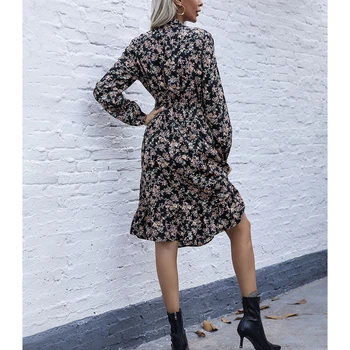Modes Ziedu Kleitu Laternu Piedurknēm Kleitas Sievietēm XL Loku Atloks Apkakli, Augstu Vidukļa-line Gadījuma Kleita