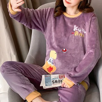 Korejas Silts Flaneļa Pidžamu Sievietēm ar garām Piedurknēm Mājas Tērps Dāmas sleepwear karikatūra Samta Pidžamas komplekts Bieza Feminino PyjamasNew