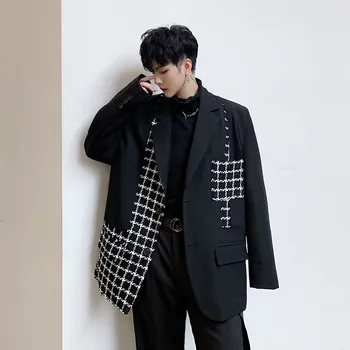 Vīrieši Vintage Pleds Salaist Zaudēt Gadījuma Uzvalks Jaka Vīriešu Japāna Harajuku Streetwear Uzvalks, Žakete Mētelis Virsdrēbes Skatuves Šovs Drēbes