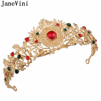 JaneVini Baroka Vintage Rhinestone Līgavas Vainaga Kāzu Tiaras Kronas par Līgavas Zelta Gothic Red Green Crystal Hairband Indijas