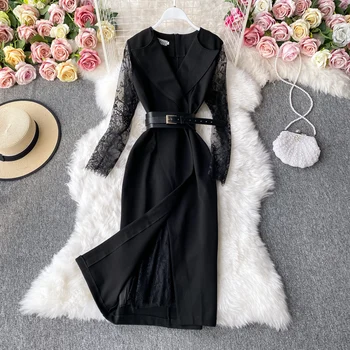 Biroja Dāmas Midi Kleita Rudens Mežģīņu Raibs Augsto Vidukli, Sieviešu Melns Vērtnes Kleitas OLA Jaunu Modes Vestidos Tērpu Kritums 2020