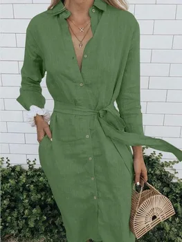 Plus izmēra 5xl zaļa/melna lina kleita Sievietēm vērtnēm ar garām piedurknēm pogas uz augšu garš krekls, kleita 2020. gadam drēbes chemise femme