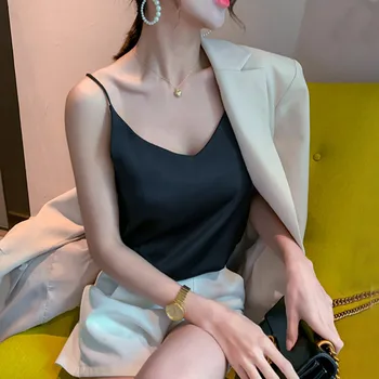Korejas Modes Zīda Sieviešu Topi Sieviete Satīna Blūzes Top Plus Lieluma Sievietes, V-veida kakla Blūze Topi, Sexy Sievietes Zīda Blūze bez Piedurknēm Topi