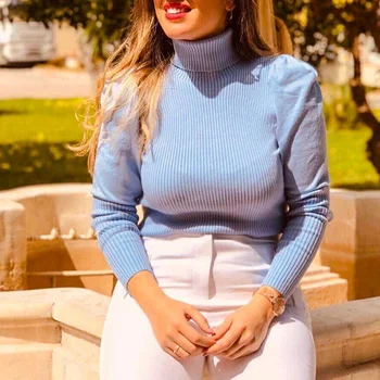 YNZZU Elegants Adīts Sieviešu Džemperis Zilā augstu uzrullētu apkakli Puff Sleeve Sieviešu Džemperis Džemperis Slim 2019 Rudens Ziemas Džemperi AT330