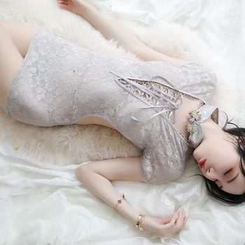 Retro Sexy Apakšveļa Sandales Svārki Cheongsam Nightdress Vienotu Ķīnas Mežģīnes Pidžamas Dāmām Backless Klasiskā sieviešu Puse Kleita
