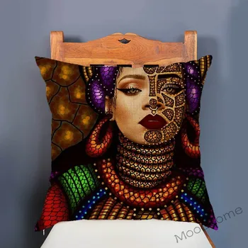 Krāsains Āfrikas Karaliene Meitene Saskaras Ar Mākslas Krāsošana Dekoratīvie Dīvāns Mest Spilvens Gadījumā Kokvilnas Veļa Eksotisko Etnisko Stilu Spilvena Vāka