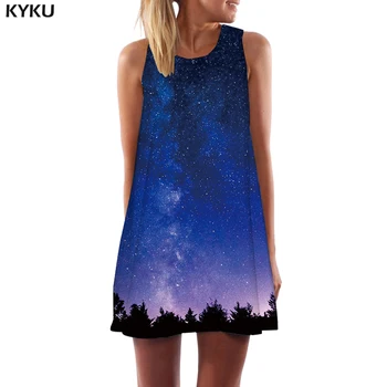 KYKU Zīmola Galaxy Kleita Sievietēm Kosmosa Puse Meža korejiešu Stilā Miglājs Boho Harajuku Sundress Sieviešu Apģērbu Pušķis