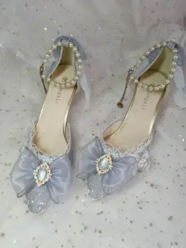 Princese kawaii kurpes apaļa galva augsta papēža Kawaii meitene sweet lolita kurpes pērle mežģīnes bowknot sieviešu kurpes loli cosplay cos