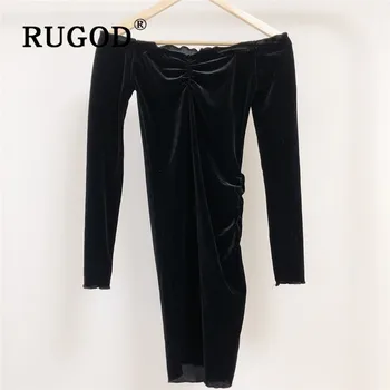 RUGOD Off-plecu korejas Mini Kleita Cietā Pilnu Piedurknēm, Tops Sievietēm, Samta Dāmas Kleitas Sieviete Puse Nakts vienkāršu Apģērbu