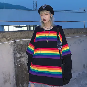 2019. gada Rudens Sieviešu Modes T-krekls korejiešu Stilā Ulzzang Harajuku Viltus Divas Varavīksnes Svītrains T-krekli, Sieviešu Ikdienas garām Piedurknēm Topi