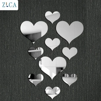 ZLCA 10PCS 3D Sienas Uzlīmes, Spogulis, Zelts, Sudrabs Mīlestība Sirdīs Māksla Puse DIY Mājas Istabas Dekori Akrila Spoguļa Virsmas Sienas Uzlīme