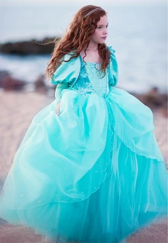 Jaunais Gads Mazās Nāriņas Kostīms Helovīna Bērnu Princese Ariel Kleita Pūkains, Meitene Zaļā Puff Piedurknēm Kleita Dzimšanas Dienas Tērpu Zīdaiņu