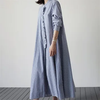 LANMREM sieviešu apģērbi liela izmēra svītrainām krekls stila kleitas 2021. gada rudenī jauno stand apkakli zaudēt garām piedurknēm ruffles kleita YJ903