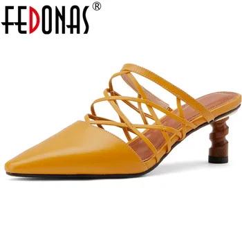 FEDONAS Modes Mežģīnes Up Īstas Ādas Sieviešu Mūļu 2020. Gadam Pavasara Vasaras Norādīja Toe augstpapēžu Sandales Vintage Puse Kurpes Sieviete