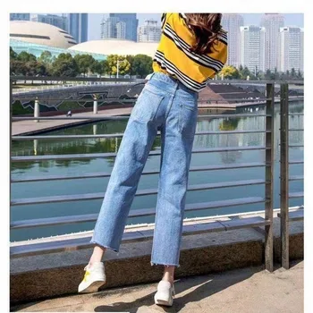 Mamma džinsu kabatā augsta vidukļa džinsus dāmas streetwear taisni džinsi kokvilnas draugs bikses gadījuma dāmas džinsa bikses