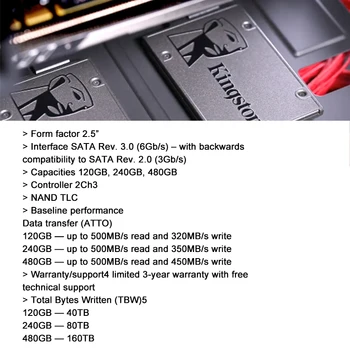 Kingston A400 Iekšējo Cieto Disku 120GB 240GB 480GB 2.5 collu SATA III 960GB SSD HDD Cietais Disks, HD for Notebook PC
