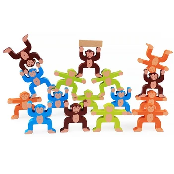 Koka Pērtiķiem Savienojas Rotaļlietas Līdzsvaru Kraušanas Augstās Celtniecības Bloki Spēles Toddler Izglītības 3D Puzzle Rotaļlietas 16 Gabali