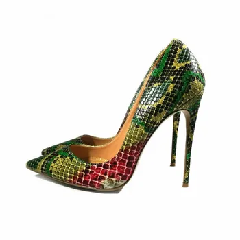 GOOFLORON JAUNAS,Sieviešu papēžu sūkņi, kurpes, 12cm augsts, ar krāsainu snake modelis, moderni un seksīgi norādīja sieviešu kurpes