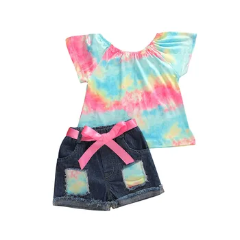 1-6Y Vasaras Bērnu Meiteņu Apģērbu Komplekti, Varavīksnes Drukas Ruffles Piedurknēm T Krekli, Topi+Zilās Džinsa Bikses 2gab