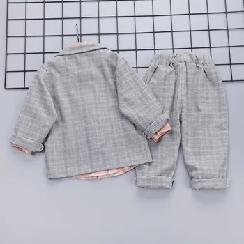 3 GAB. Zēnu Uzvalku Uzstādīt Bērnu Pleds Drēbes Rozā Krekls + Mētelis + Bikses Uzvalks Bērni Rudenī Mazais Džentlmenis, Kostīmu Bērnu Apģērbs