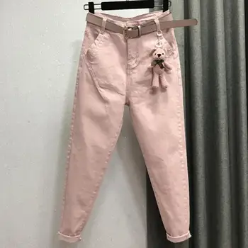 Plus lieluma 26-32! jaunā pavasara kājām gadījuma harēma bikses zaudēt augsto vidukli, rozā sieviešu džinsi